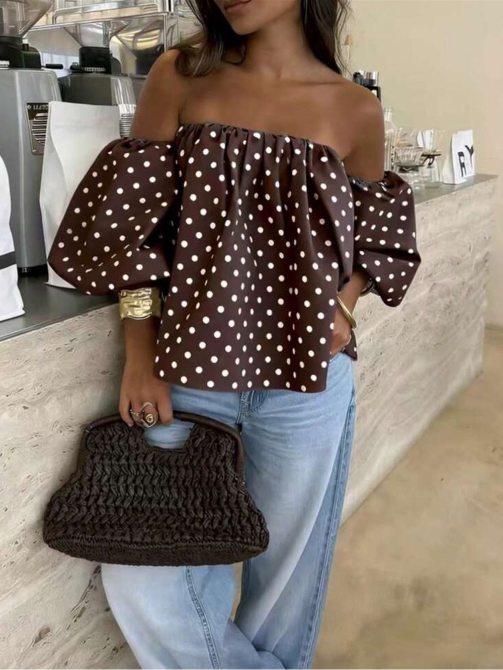 Plus Size Women's Polka Dot Color Woven Fabric Backless Ruffle Off-Shoulder Top,